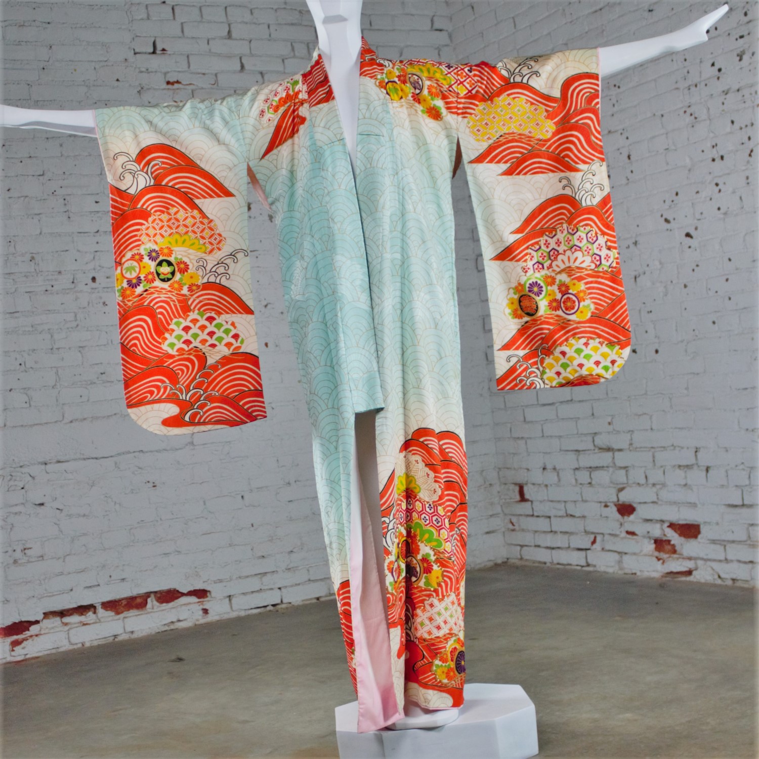 Vintage Japanese Turquoise and Orange Full Length Silk Kimono