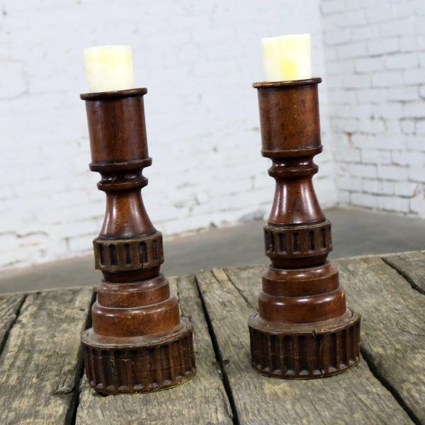 Pair Vintage Turned Wood and Composite Candle Holders