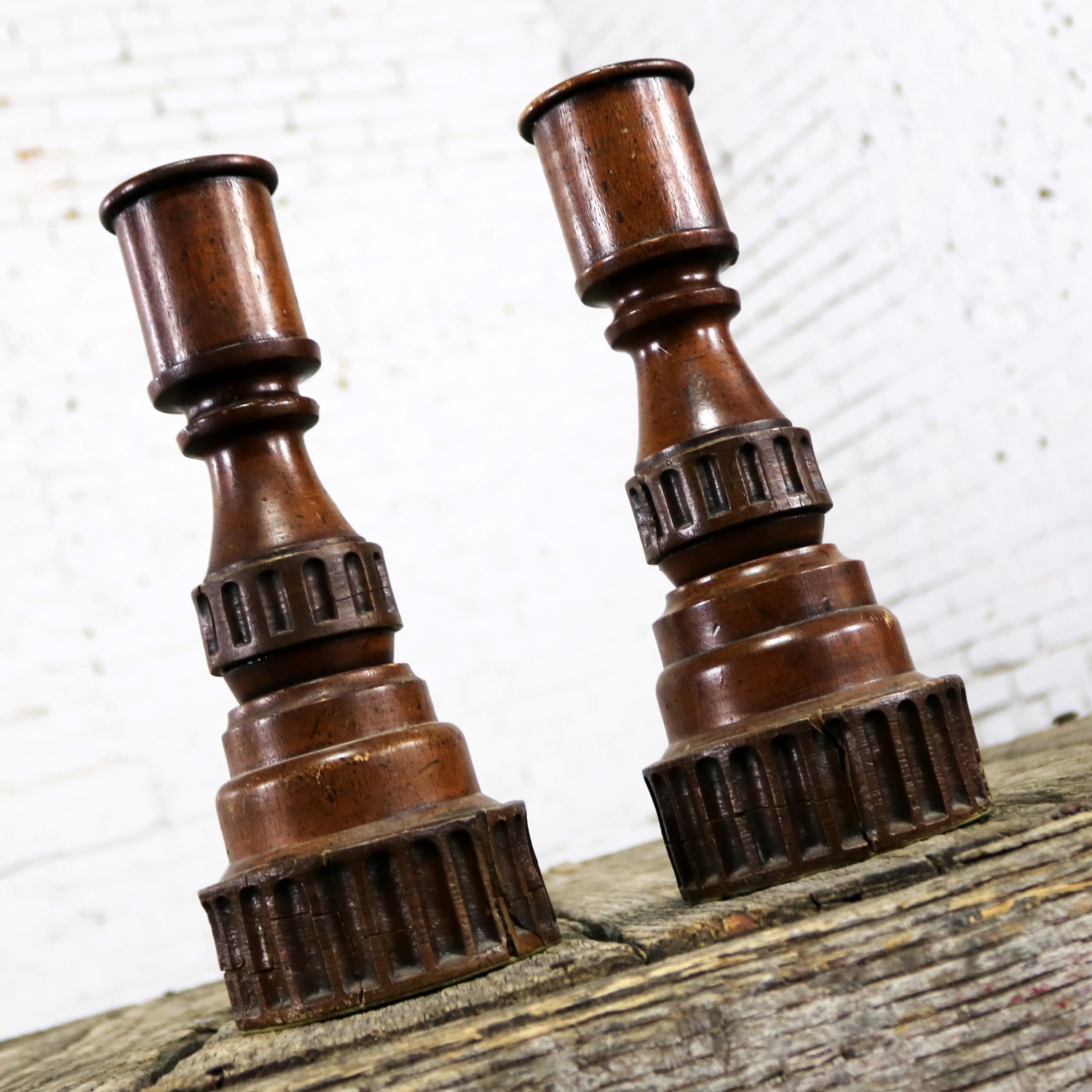 Pair Vintage Turned Wood and Composite Candle Holders