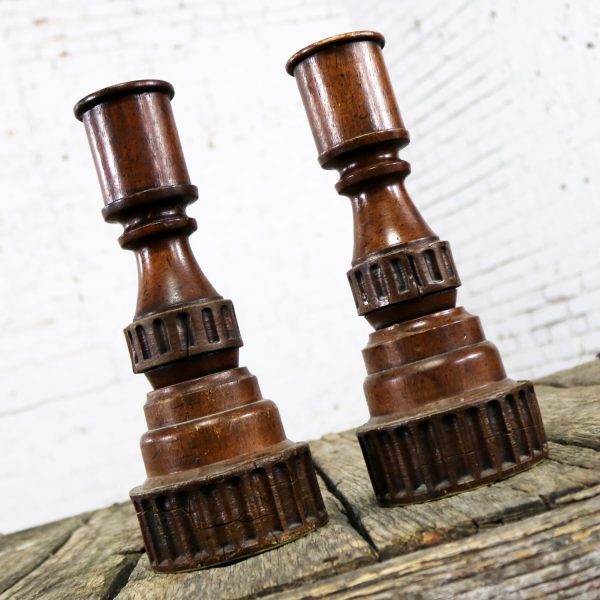 Pair Vintage Turned Wood and Composite Candle Holders