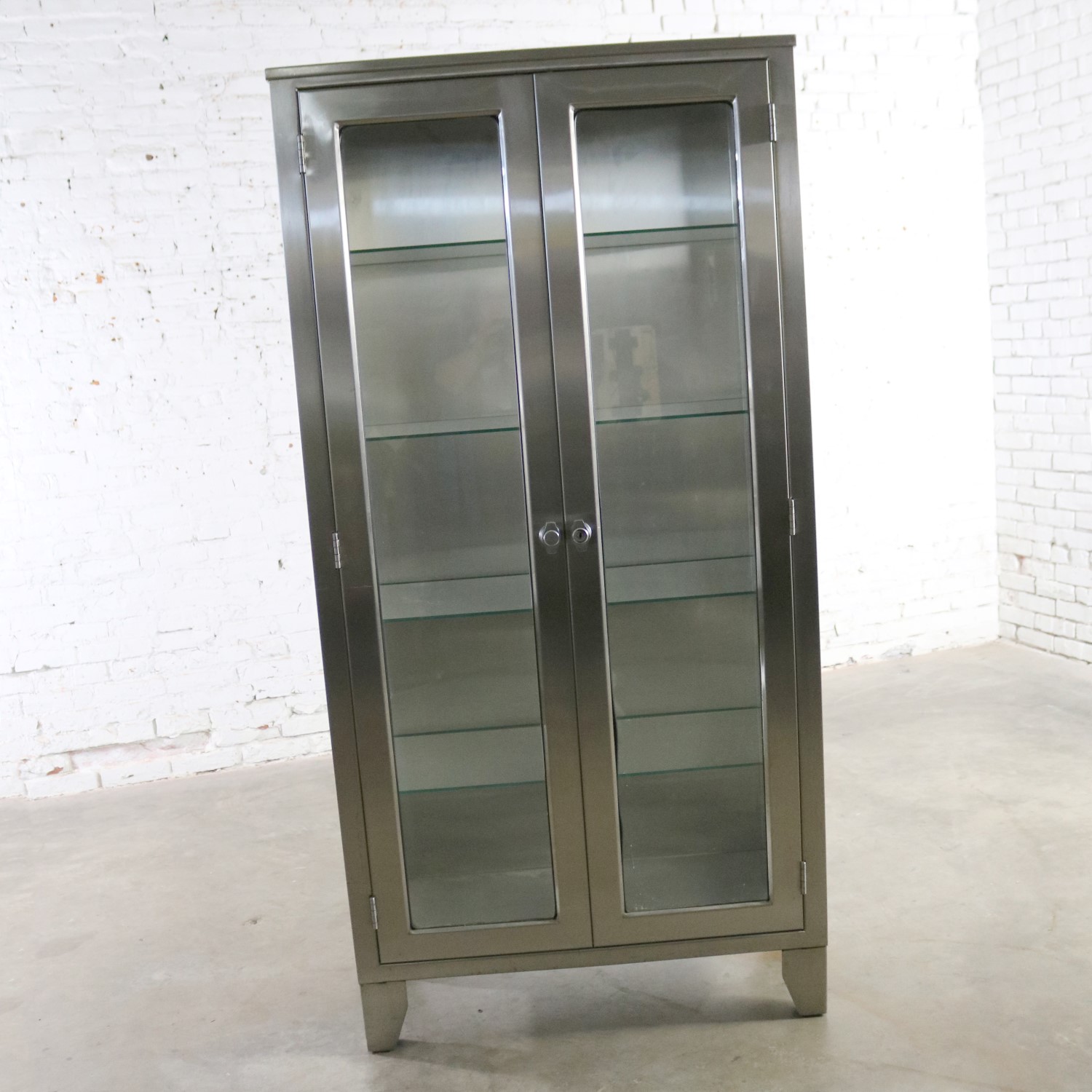 Vintage Stainless Steel Industrial Display Apothecary Medical Cabinet with Glass Doors and Shelves 39-6