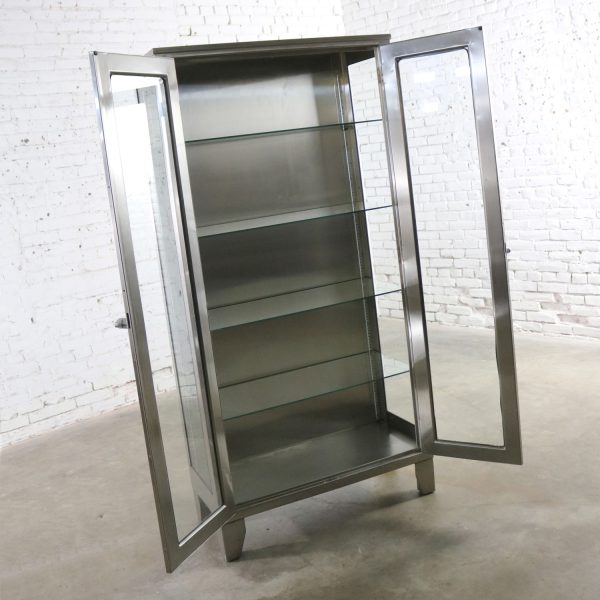 Vintage Stainless Steel Industrial Display Apothecary Medical Cabinet with Glass Doors and Shelves 39-6