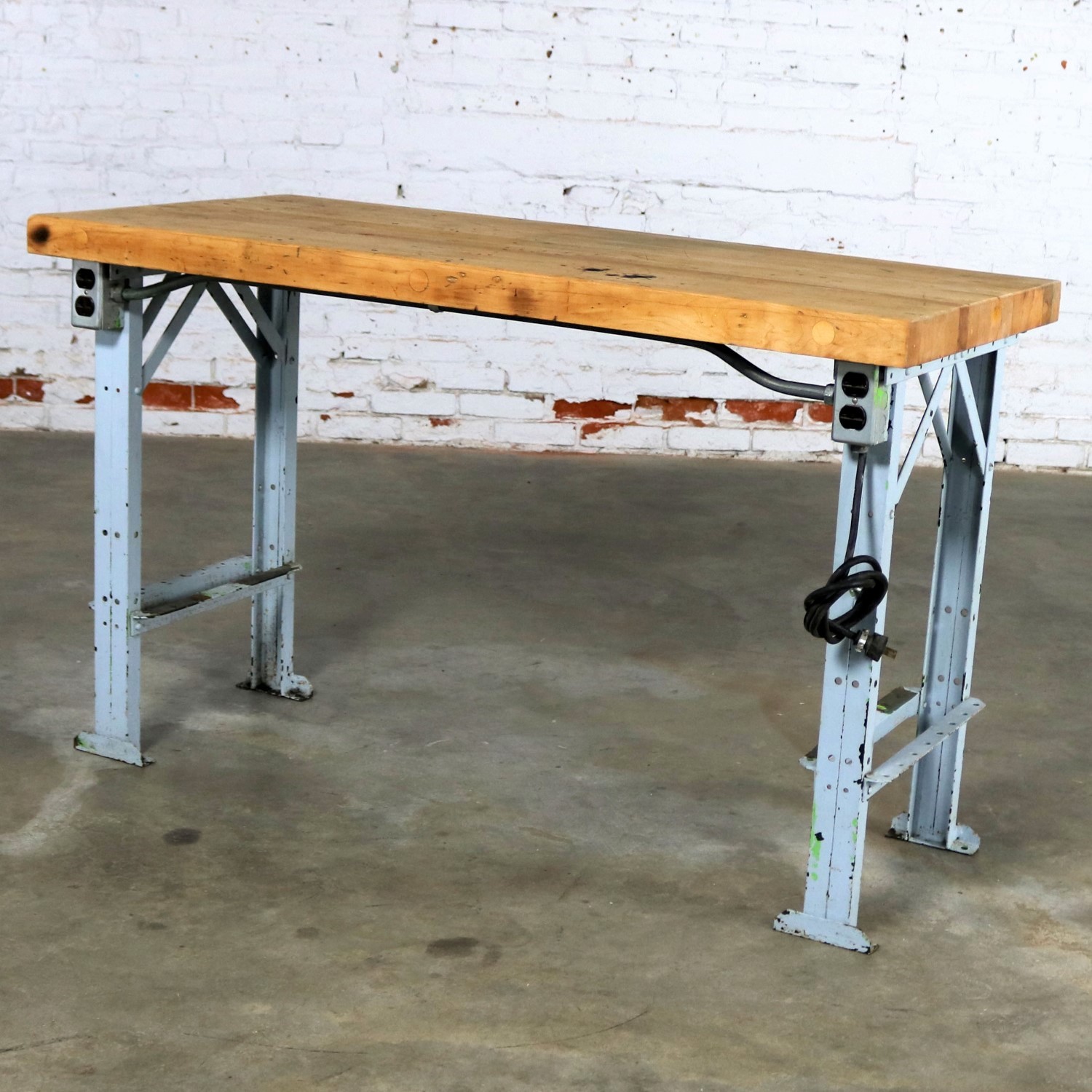 American Industrial Work Table Maple Top Steel Base Vintage