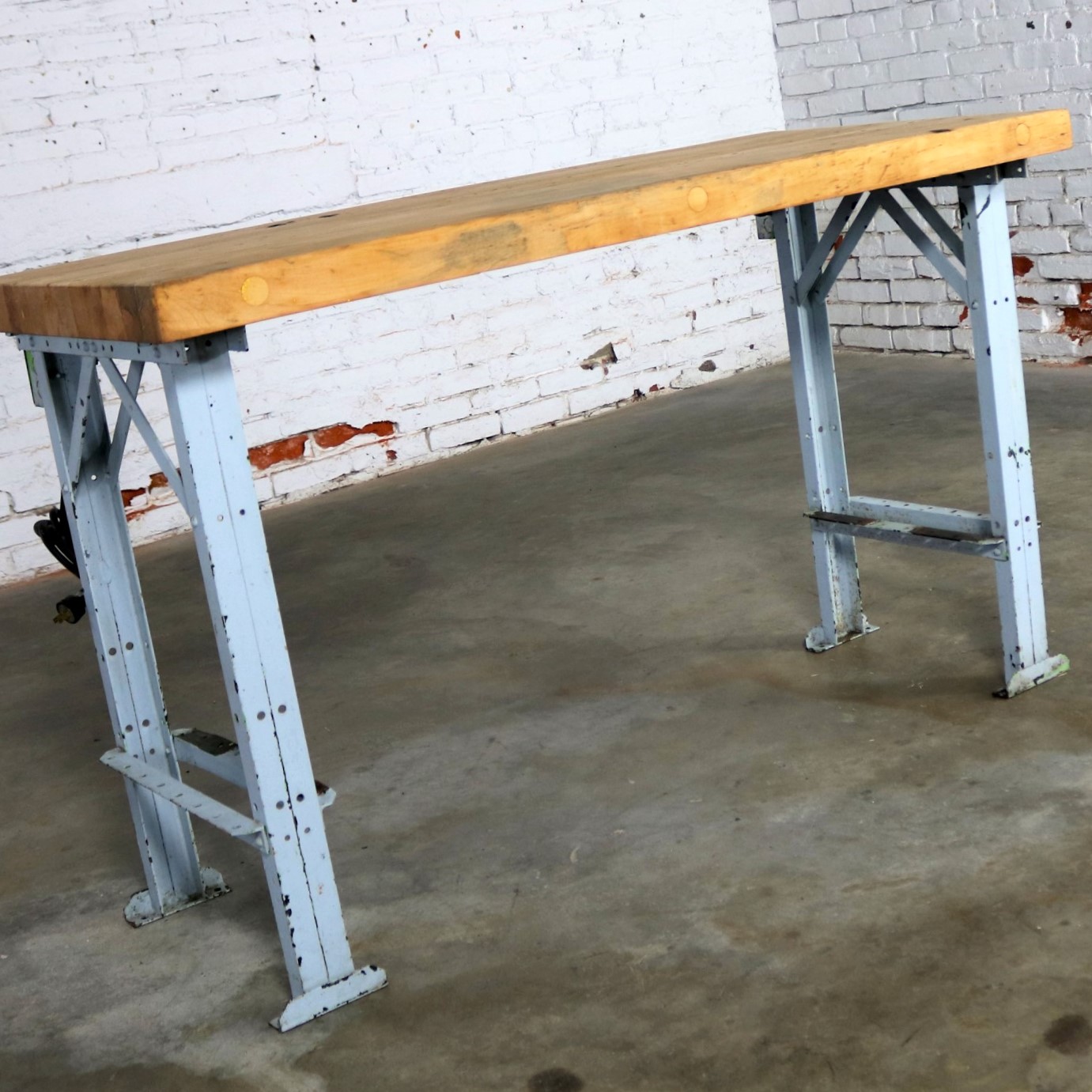 American Industrial Work Table Maple Top Steel Base Vintage