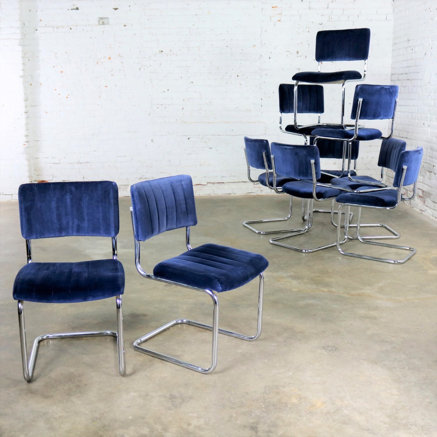 Set of Ten Cantilevered Chrome and Blue Velvet Dining Chairs After Marcel Breuer Cesca