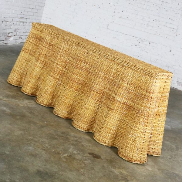 Trompe L’oeil Draped Natural Rattan Wicker Long Console Sofa Table Vintage