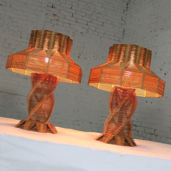 Original Vintage Pair Folk Tramp Art Popsicle Stick Lamps