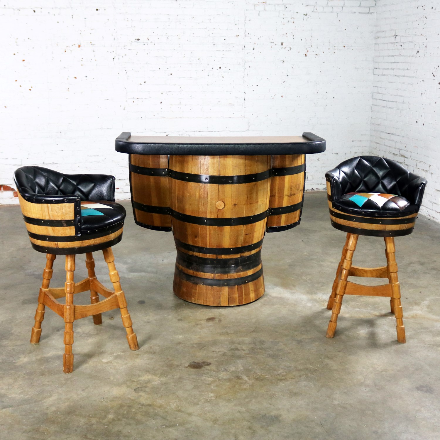 Mid Century Whiskey Barrel Bar and Swivel Bar Stools by Brothers Furniture of Kentucky