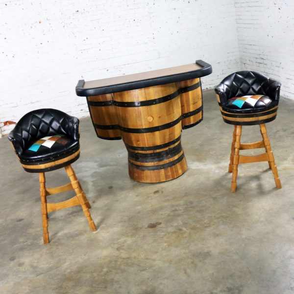 Mid Century Whiskey Barrel Bar and Swivel Bar Stools by Brothers Furniture of Kentucky