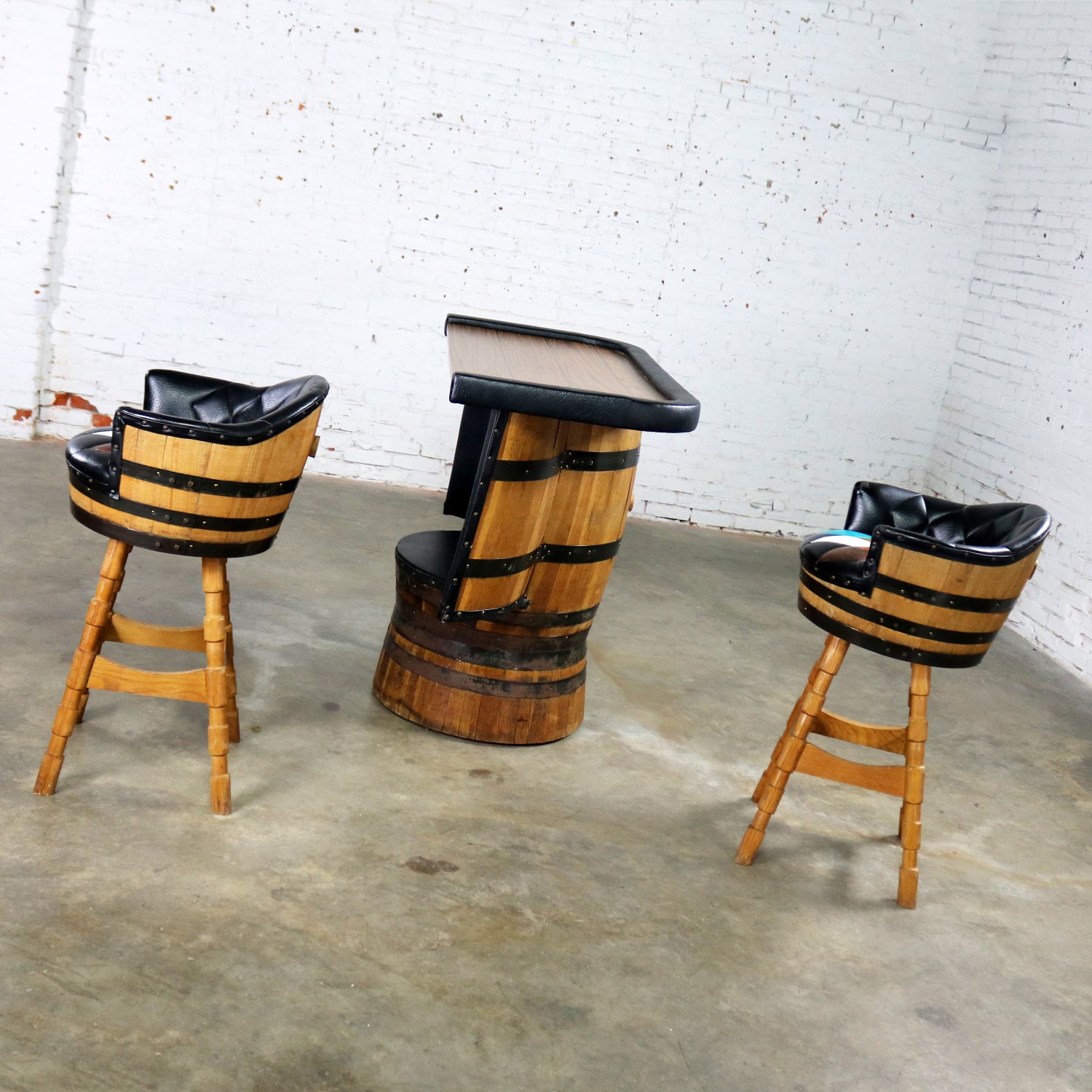 Mid Century Whiskey Barrel Bar and Swivel Bar Stools by Brothers Furniture of Kentucky
