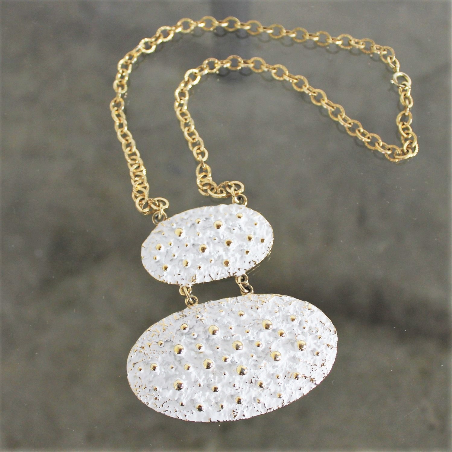 Vintage Napier Chunky Brutalist White Enamel and Gold-Tone Necklace