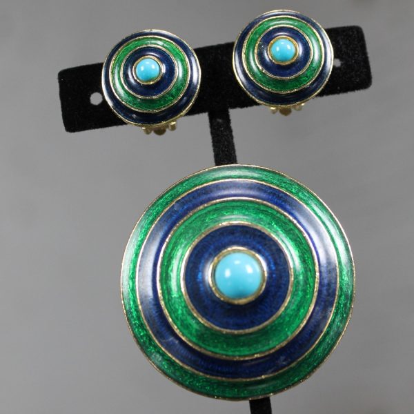 Vintage Mid-Century Mod Florenza Concentric Circle Enamel Brooch and Earring Set