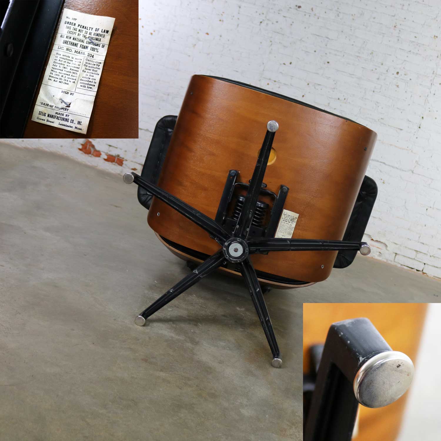 Mid Century Modern Selig Black Vinyl and Walnut Lounge Chair Style Eames Herman Miller