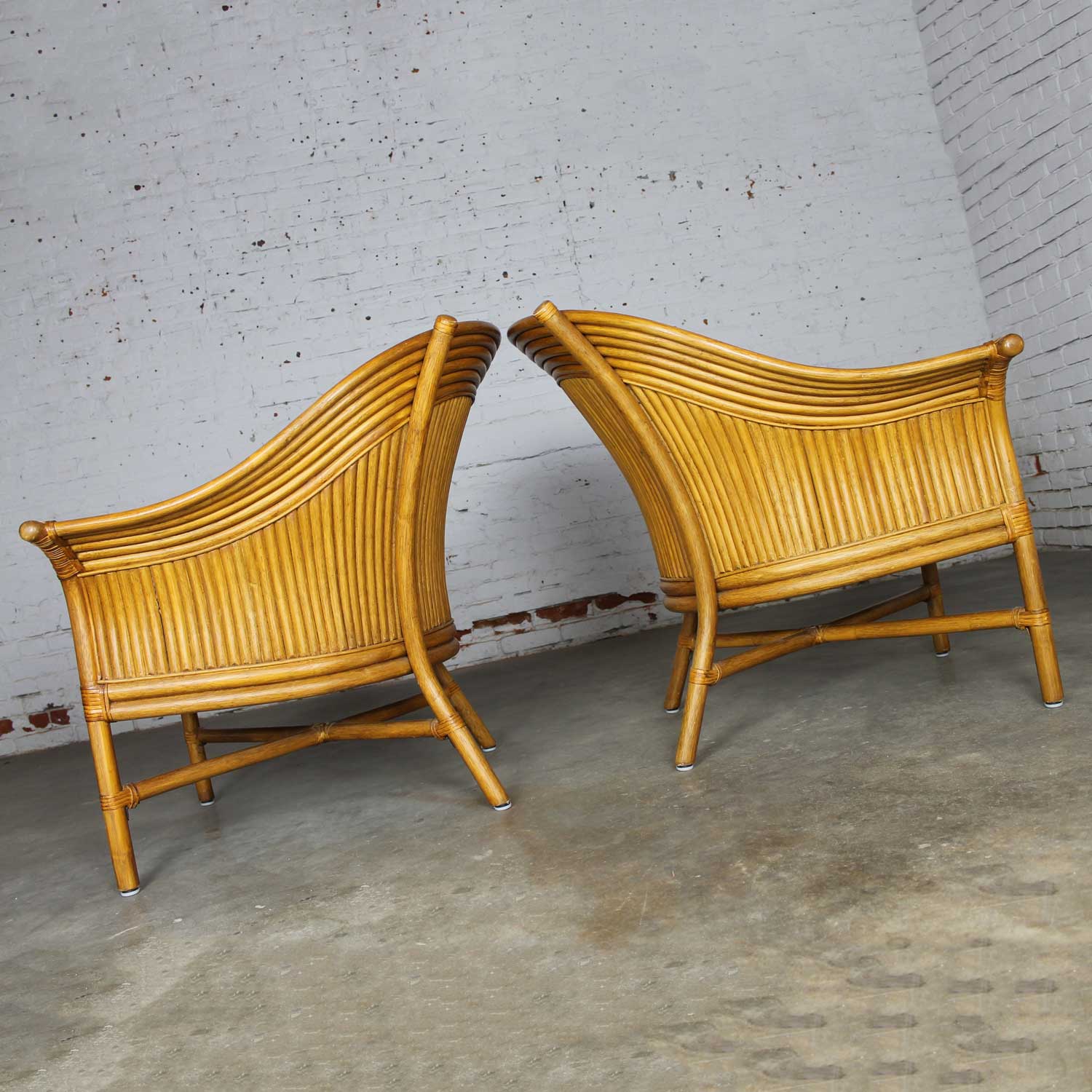Pair of Rattan Club Chairs with Fan Backs Vintage in the Style of McGuire
