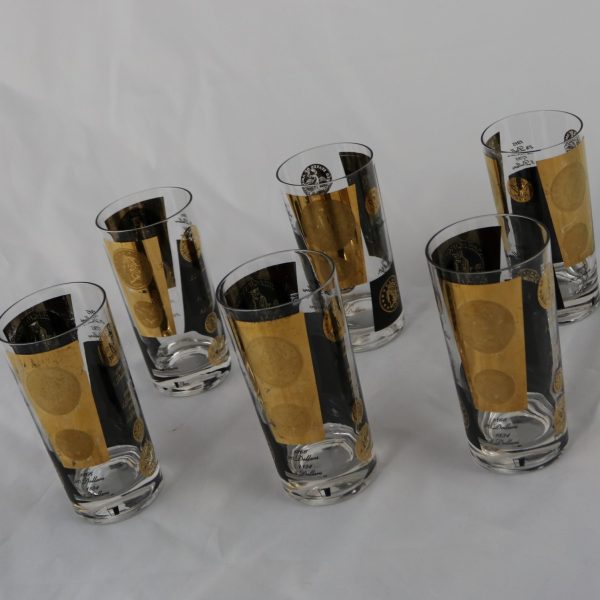 Black and 22-Karat Gold Coin Design Highball Glasses by Cera Mid-Century Modern Set of Six