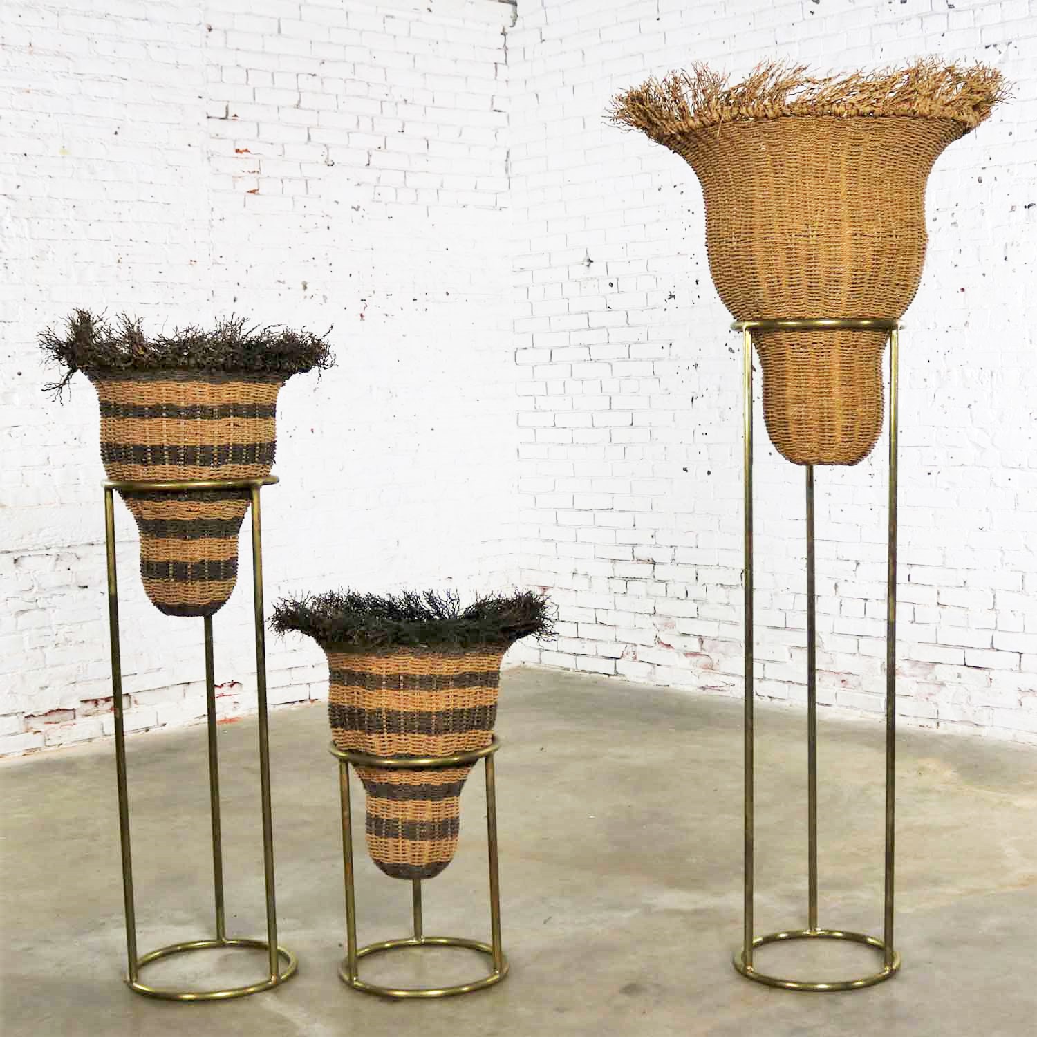 Round Brass Stands with Extra Large Basket Inserts for Plants or Flowers, Set of 3