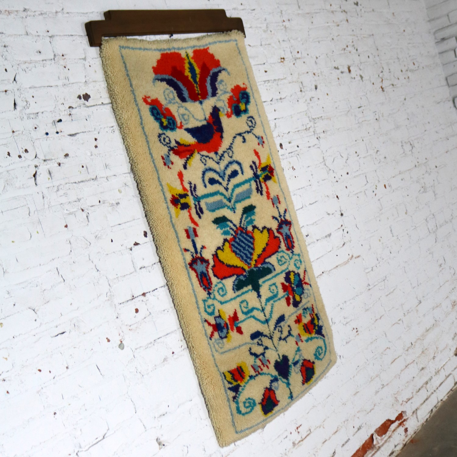 Scandinavian Hooked Rug Wall Hanging Vintage Mid Century