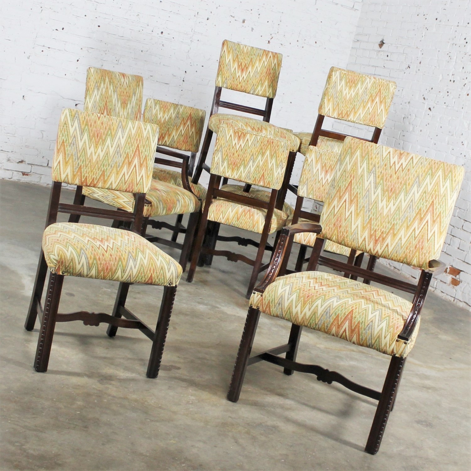 Vintage Set of 10 Georgian Revival Chippendale Style Upholstered Dining Chairs