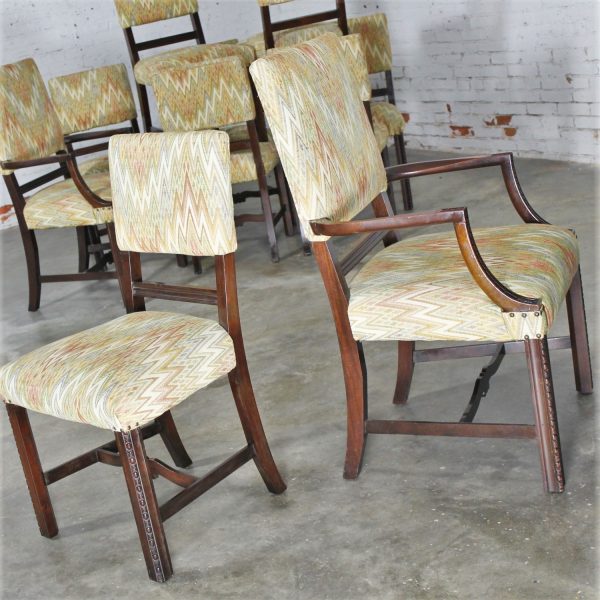 Vintage Set of 10 Georgian Revival Chippendale Style Upholstered Dining Chairs