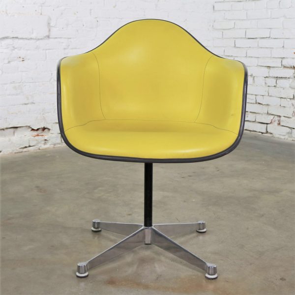 Eames PAC Yellow Padded Swivel Armchair w/Gray Fiberglass Shell & Aluminum Base