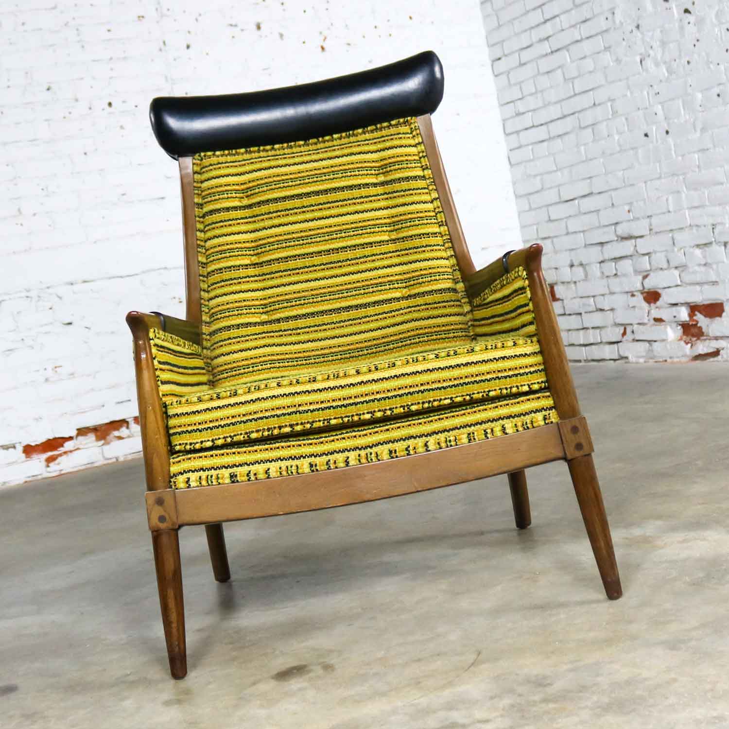 Mid Century Modern Horn Style Armchair with Green Gold & Black Horizontal Striped Upholstery