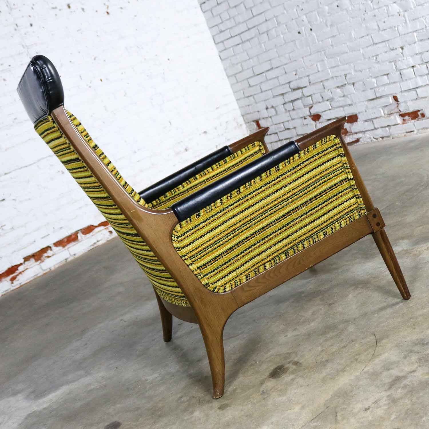 Mid Century Modern Horn Style Armchair with Green Gold & Black Horizontal Striped Upholstery
