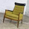 Mid Century Modern Horn Style Armchair with Green Gold & Black Horizontal Striped Upholstery