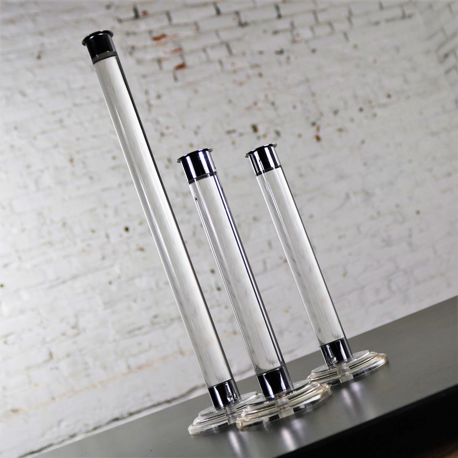 Trio of Modern Lucite Acrylic and Chrome Candlesticks 20th Century