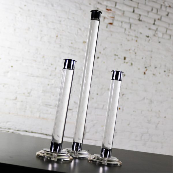 Trio of Modern Lucite Acrylic and Chrome Candlesticks 20th Century