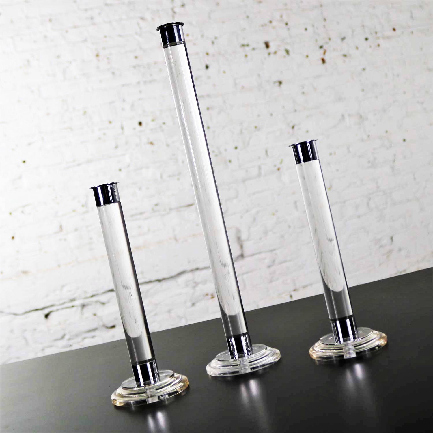 Trio of Modern Lucite Acrylic and Chrome Candlesticks 20th Century