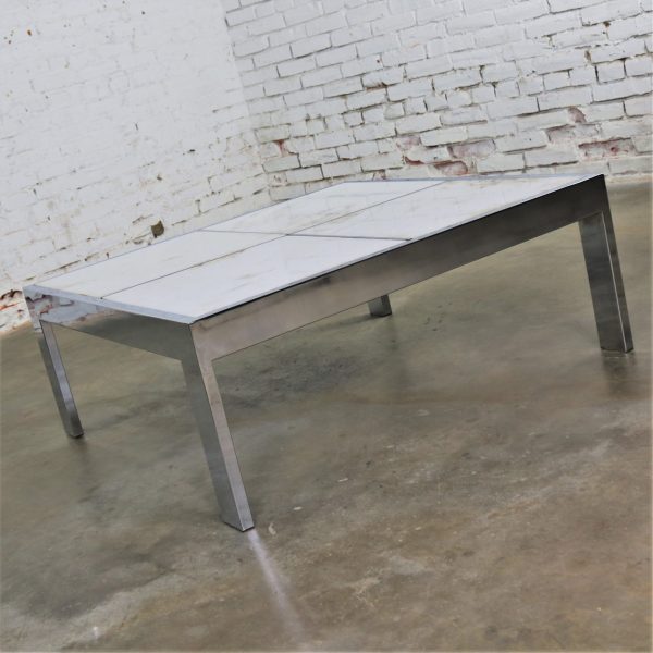 Modern Chrome and White Marble Coffee Cocktail Table Attributed to The Pace Collection