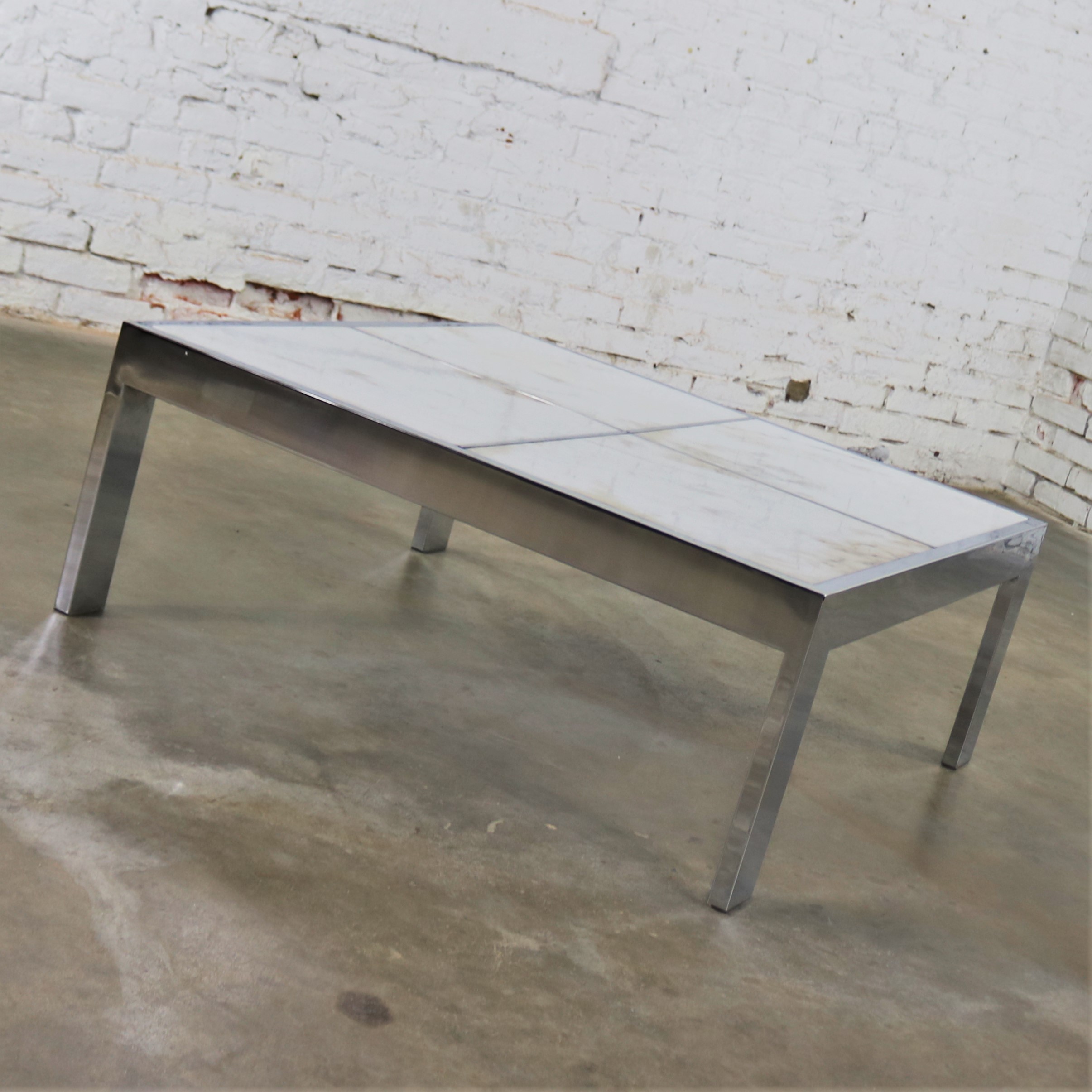 Modern Chrome and White Marble Coffee Cocktail Table Attributed to The Pace Collection