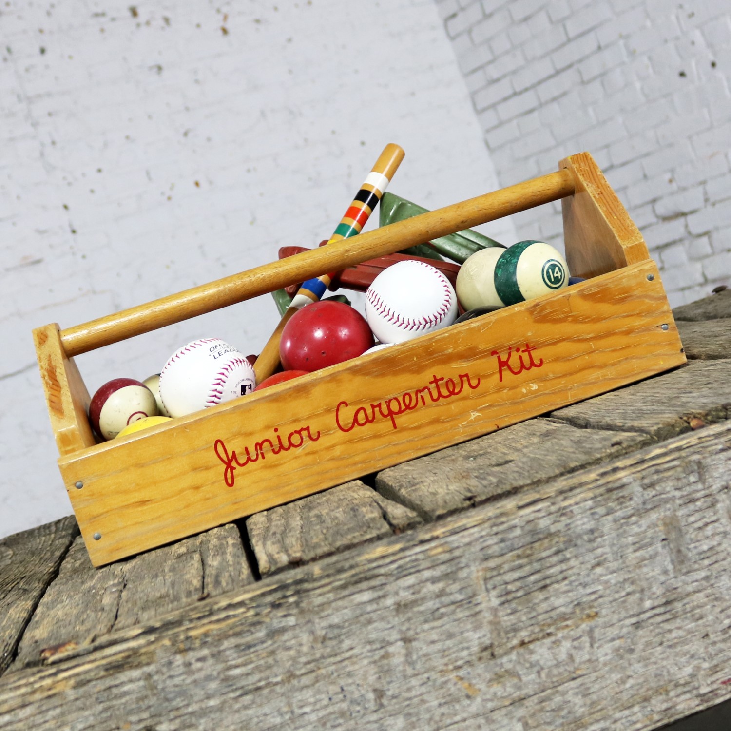 Object d ’Art Centerpiece Junior Carpenter Kit Tool Box with Balls and Horseshoes