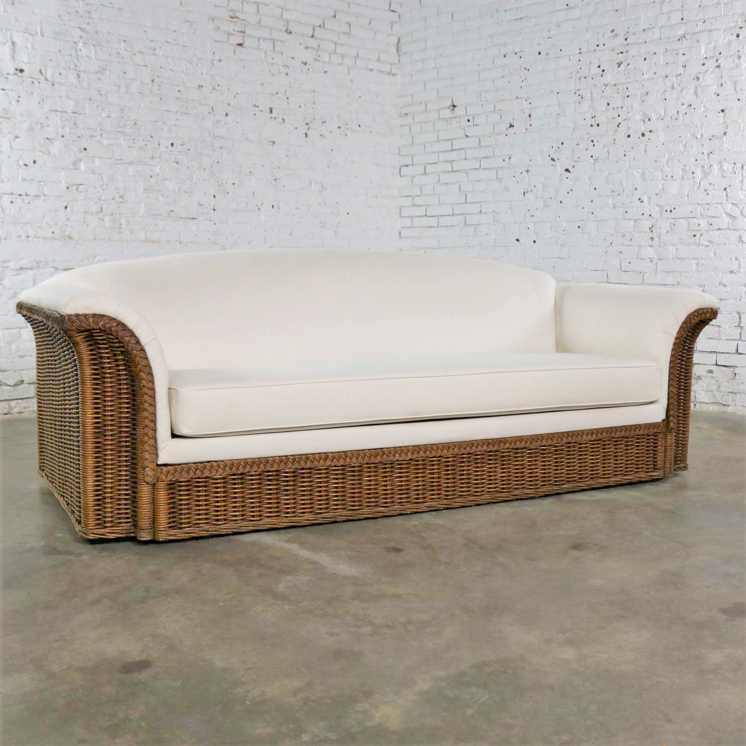 Vintage Modern Wicker Sofa Manner Michael Taylor in New White Canvas