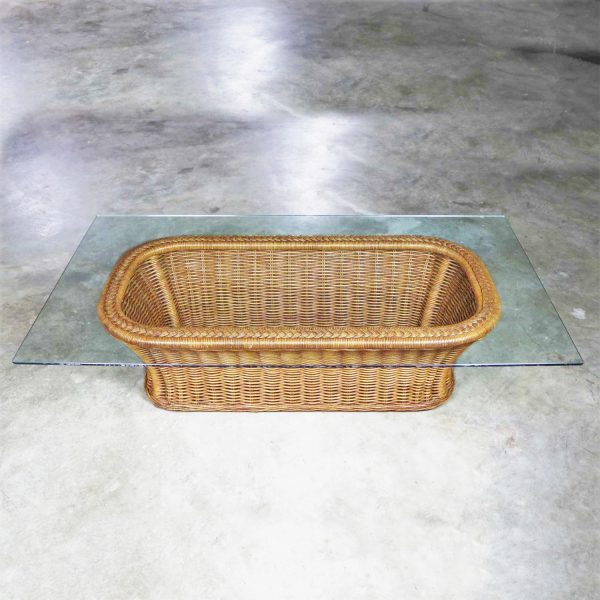 Vintage Organic Modern Woven Wicker Rattan Coffee Table with Rectangular Glass Top