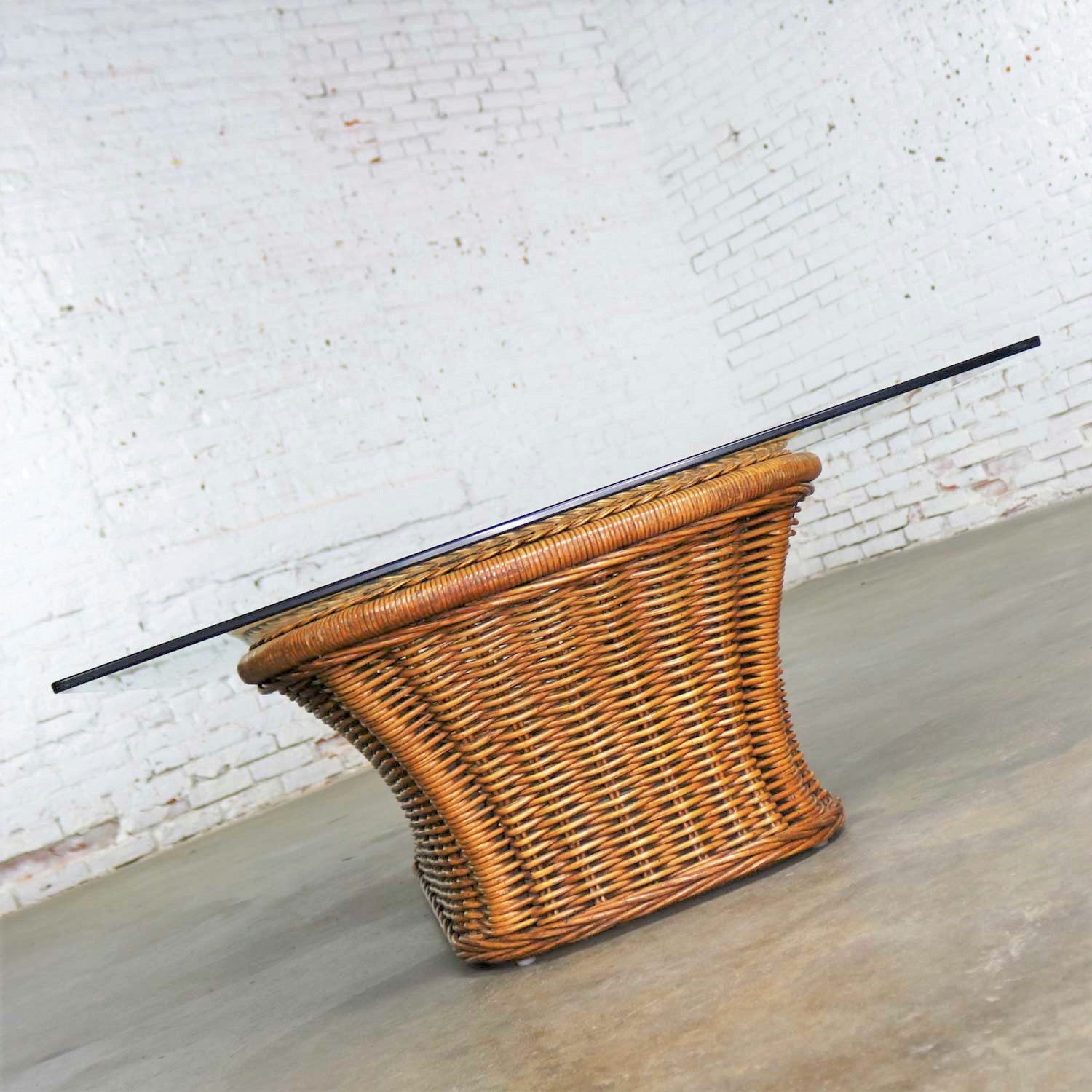 Vintage Organic Modern Woven Wicker Rattan Coffee Table with Rectangular Glass Top