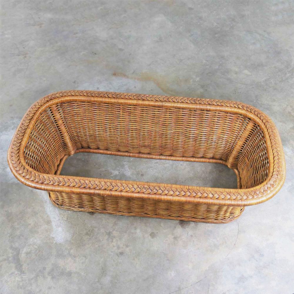 Vintage Organic Modern Woven Wicker Rattan Coffee Table with Rectangular Glass Top