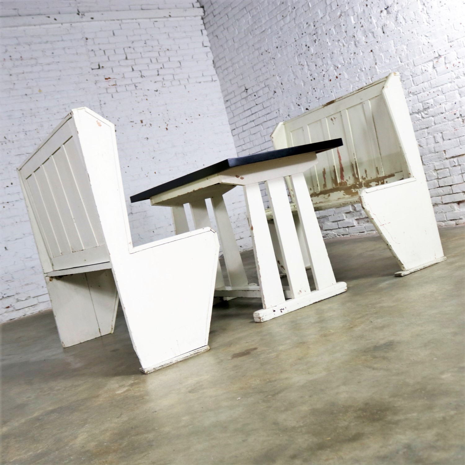 Rustic Arts and Crafts Black and White Diner Booth Banquette Table and Benches