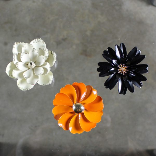 Vintage Trio 1960’s Black White Orange Enamel Flower Brooches One by Crown Trifari