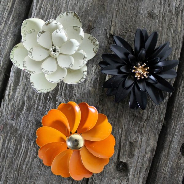 Vintage Trio 1960’s Black White Orange Enamel Flower Brooches One by Crown Trifari