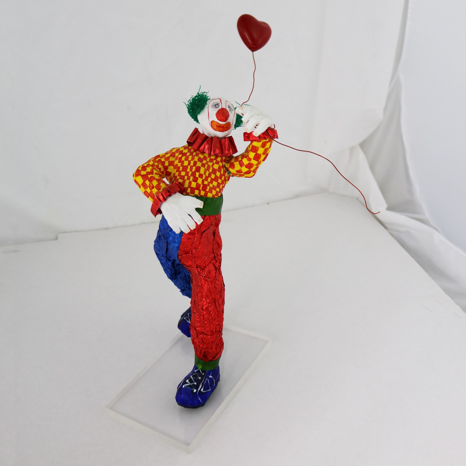 Fun Bright Mixed Media Folk Art Clown Sculpture with Balloon Paper Maché