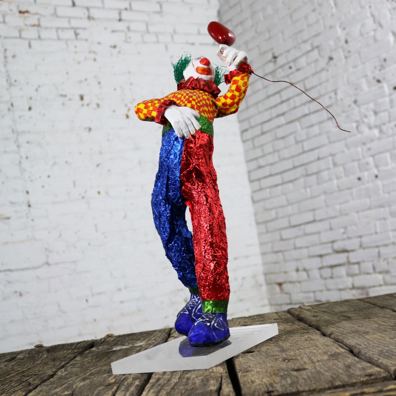 Fun Bright Mixed Media Folk Art Clown Sculpture with Balloon Paper Maché