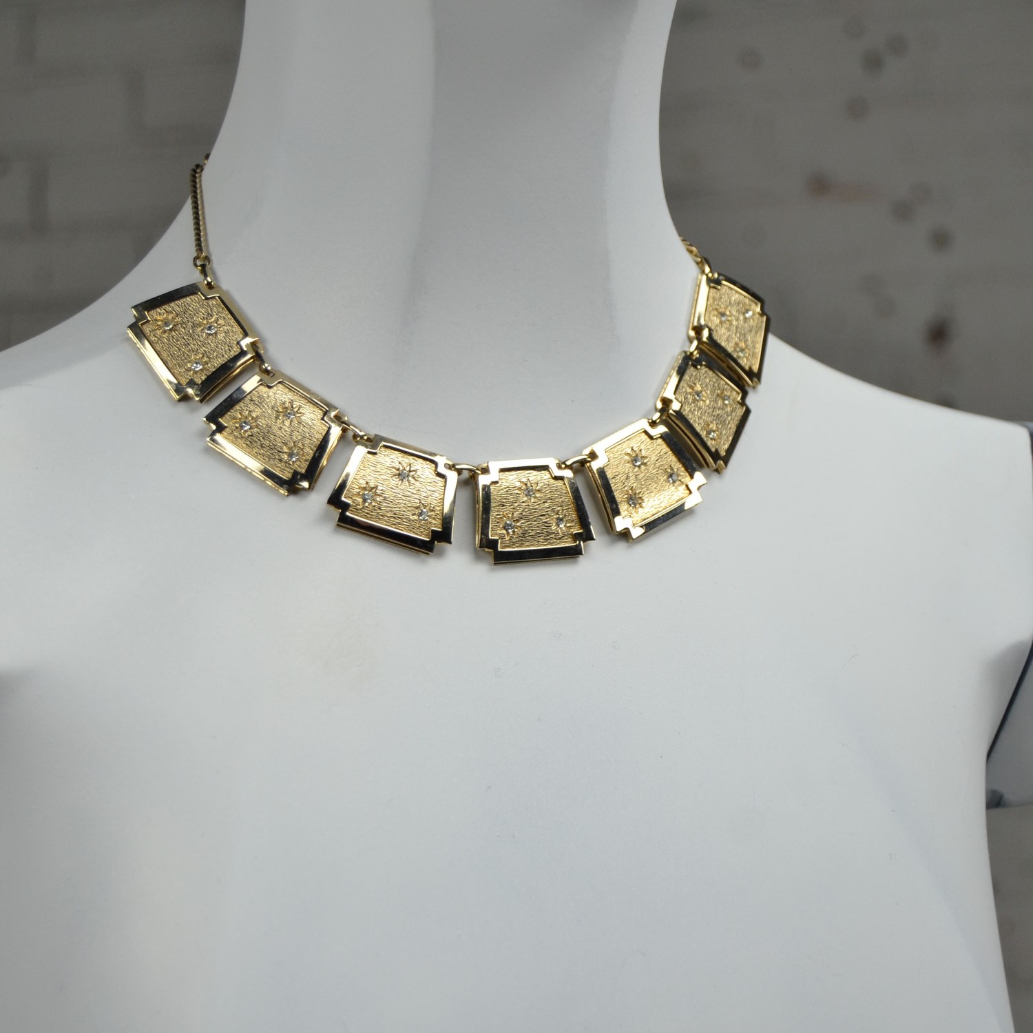 Leru Vintage Goldtone, Rhinestone Necklace Bracelet and Earrings Parure Set