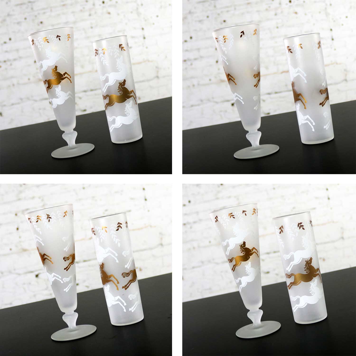 MCM Cavalcade by Libbey Galloping Horse Cocktail Glasses Gold White Pilsner Tom Collins