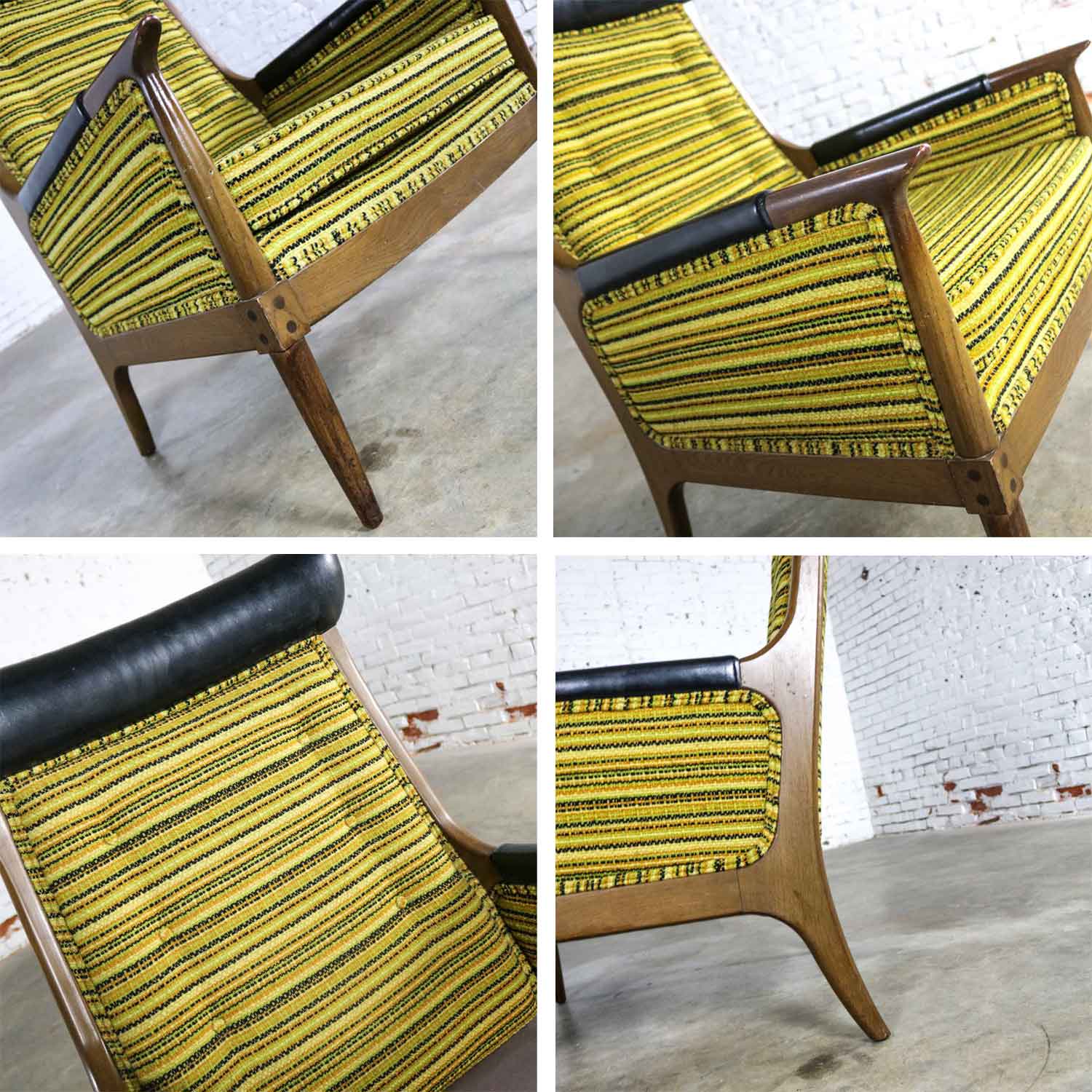 Mid Century Modern Horn Style Armchair with Green Gold & Black Horizontal Striped UpholsteryMid Century Modern Horn Style Armchair with Green Gold & Black Horizontal Striped Upholstery