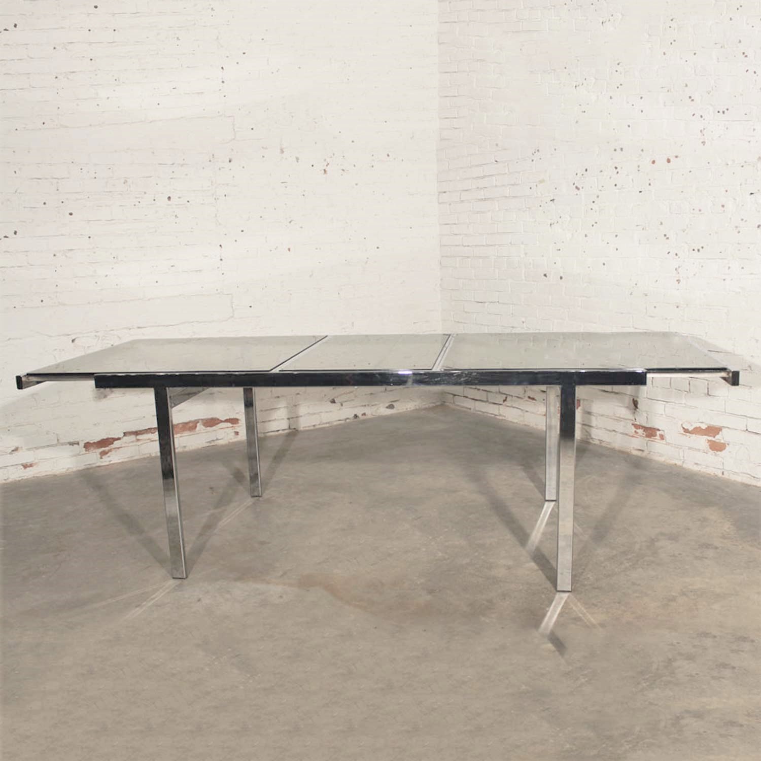 Milo Baughman Expandable Dining Table Chrome and Smoked Glass