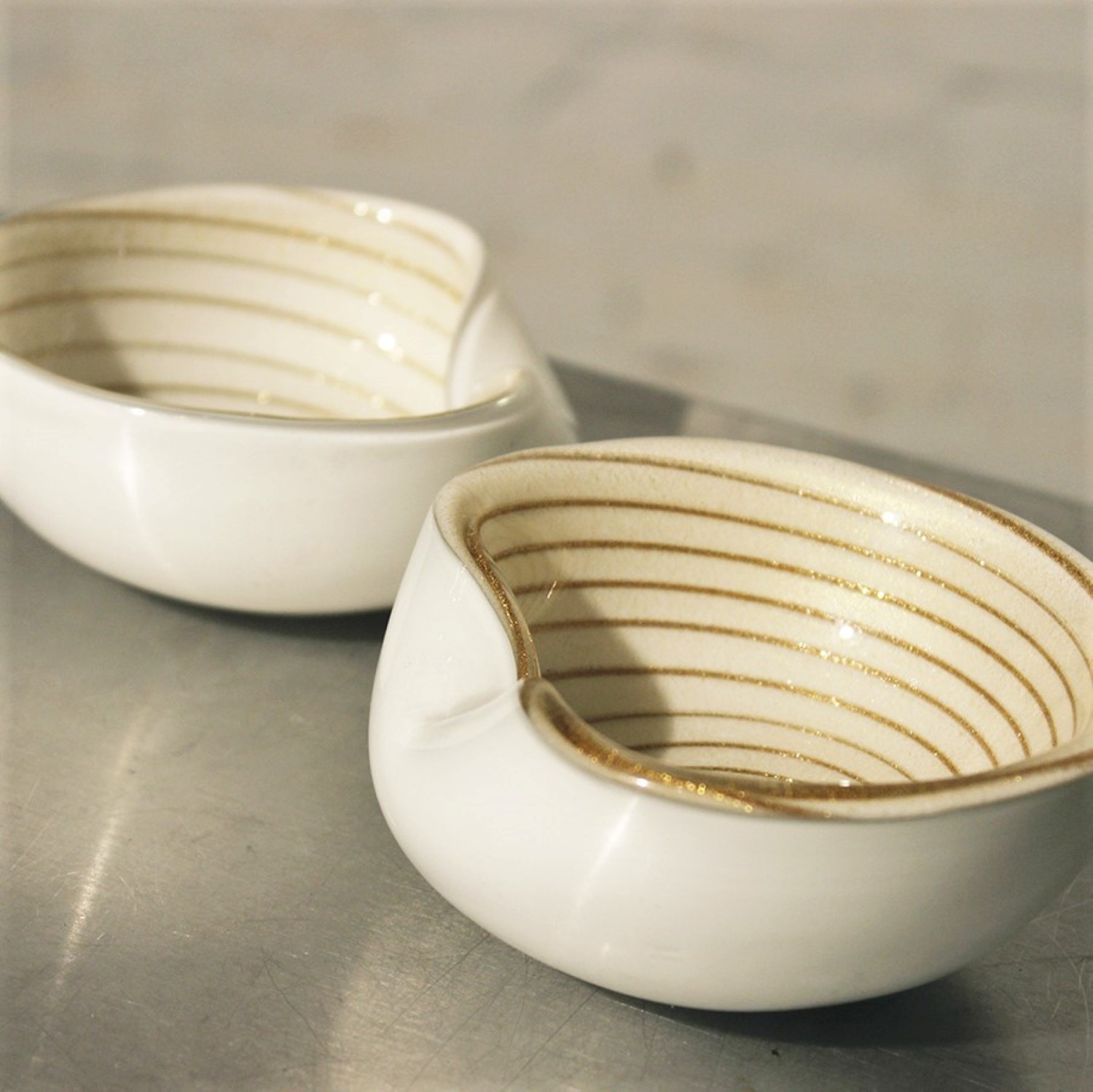 Mid-Century Modern Murano White Gold Optic Swirl Venetian Art Glass Bowls