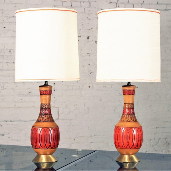 Vintage Royal Haeger Style Red Orange Ceramic Table Lamps – a Pair