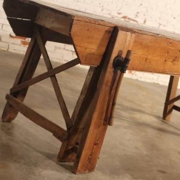 Primitive Industrial Farmhouse Style Dining Table Workbench with Wood Vise Leg