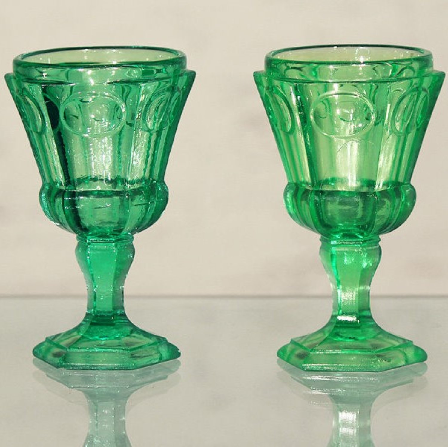Russian Hexagonal Green Glass Water Goblets